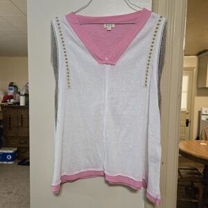 New POL pink & white tank w/ silver star studs & bead fringe sleeves size large